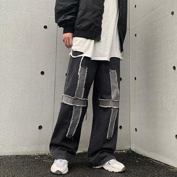 men's jeans high street harajuku cross frayed washed retro pants men and women elastic waist wide len casual denim trousers oversize, Blue
men's jeans high street harajuku cross frayed washed retro pants men and women elastic waist wide len casual denim trousers oversize, Blue