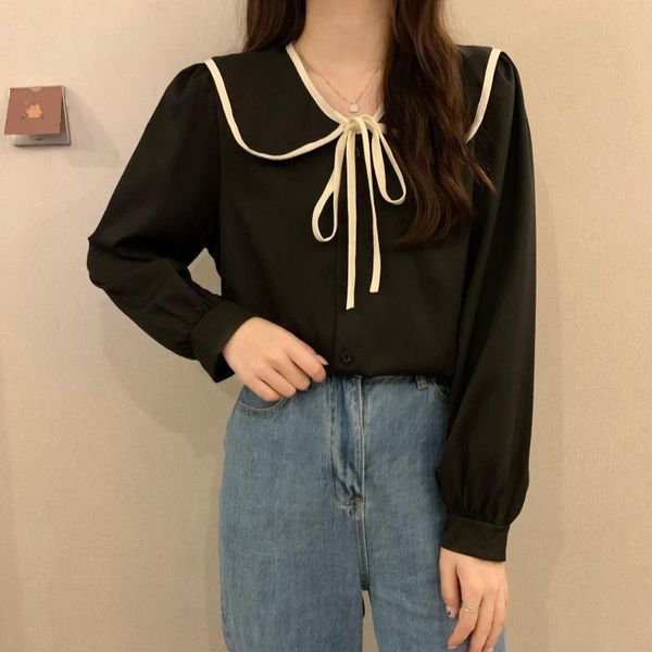 women's t-shirt 2021 early autumn net red design sense of minority doll collar chic lace up lapel loose long sleeve blouse women, White
women's t-shirt 2021 early autumn net red design sense of minority doll collar chic lace up lapel loose long sleeve blouse women, White