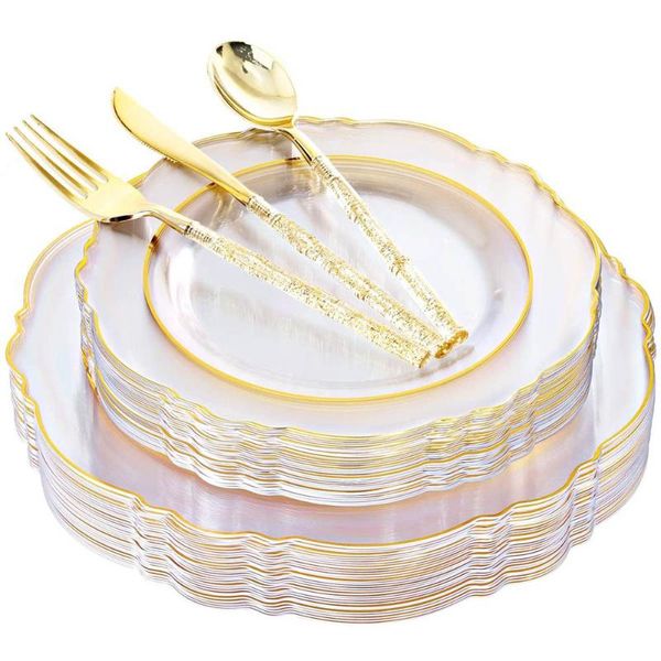disposable dinnerware 50 pcs tableware baroque transparent golden plastic plate silverware with glitter suitable for weddings and parties
disposable dinnerware 50 pcs tableware baroque transparent golden plastic plate silverware with glitter suitable for weddings and parties