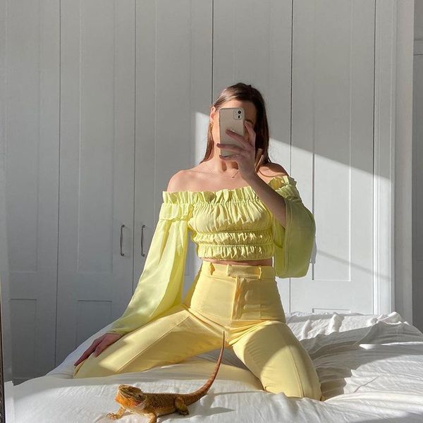 women's t-shirt temperament fashion yellow one-word shoulder folds ruffled cropped women long sleeve summer for, White
women's t-shirt temperament fashion yellow one-word shoulder folds ruffled cropped women long sleeve summer for, White