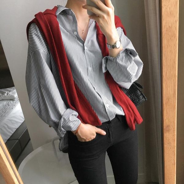 women's blouses & shirts office ladies striped women v-neck full sleeve and loose blusas mujer de moda 2021, White
women's blouses & shirts office ladies striped women v-neck full sleeve and loose blusas mujer de moda 2021, White