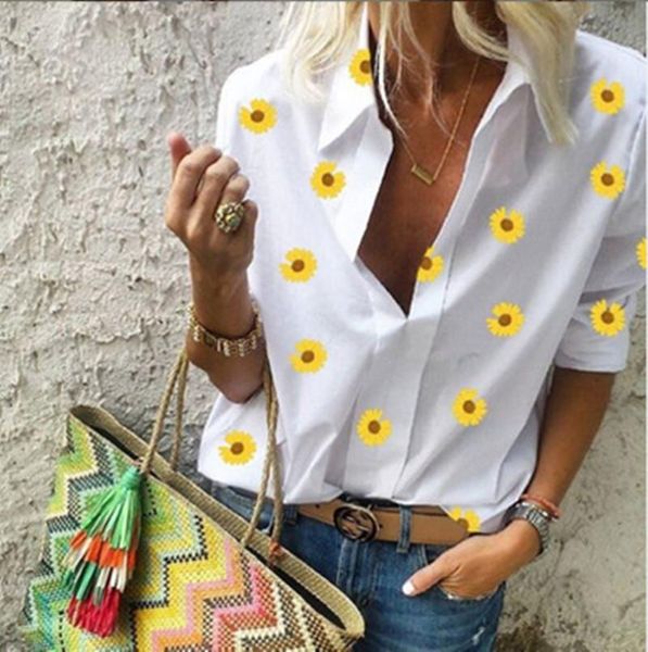 women's blouses & shirts women shirt three quarter sleeve v-neck daisy print summer casual flower loose ladies plus size, White
women's blouses & shirts women shirt three quarter sleeve v-neck daisy print summer casual flower loose ladies plus size, White