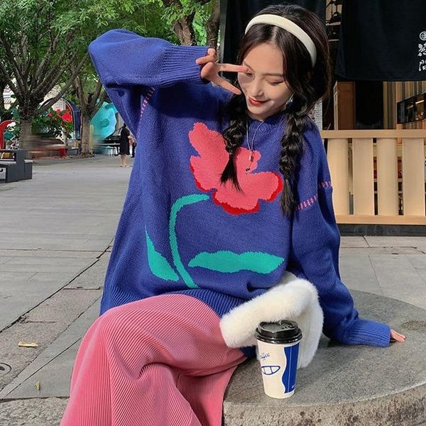 women's sweaters floral print oversized knitted long sleeve pullover sweater 2021 fall winter black fashion thick warm harajuku jumpers, White;black
women's sweaters floral print oversized knitted long sleeve pullover sweater 2021 fall winter black fashion thick warm harajuku jumpers, White;black