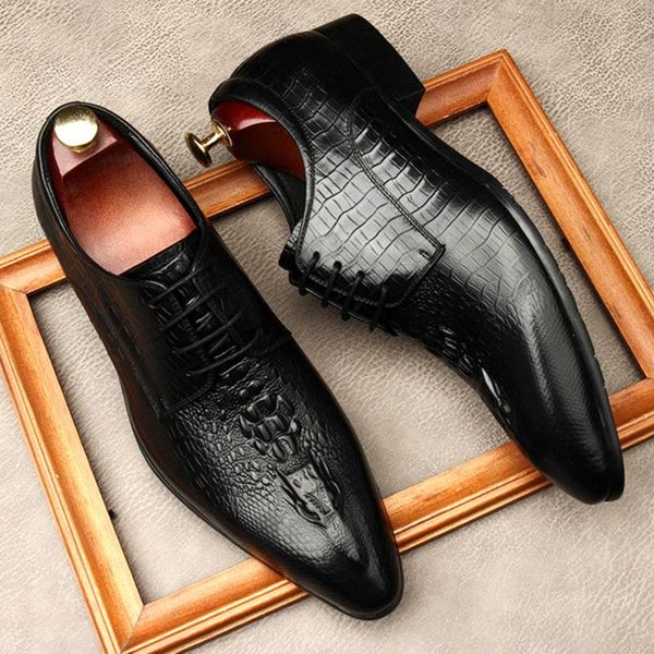 genuine leather dress shoes men black fashion wedding brogue pointed toe lace up business formal party oxford