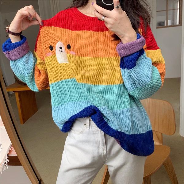 women's sweaters autumn cute and sweet embroidery rainbow striped loose elegant temperament embroidered women round neck pullover sweat, White;black
women's sweaters autumn cute and sweet embroidery rainbow striped loose elegant temperament embroidered women round neck pullover sweat, White;black