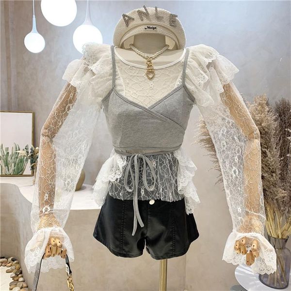 women's blouses & shirts clothing 2021 autumn ruffle perspective mesh long sleeve with suspender vest over two-piece set, White
women's blouses & shirts clothing 2021 autumn ruffle perspective mesh long sleeve with suspender vest over two-piece set, White