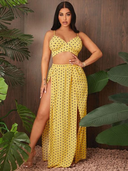sxy polka dot print crop cami & split thigh skirt q51b#, White