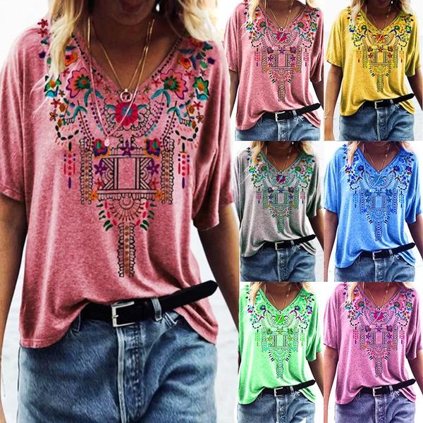 spring and summer european american women's printed ethnic style v-neck short-sleeved t-shirt women, White
spring and summer european american women's printed ethnic style v-neck short-sleeved t-shirt women, White