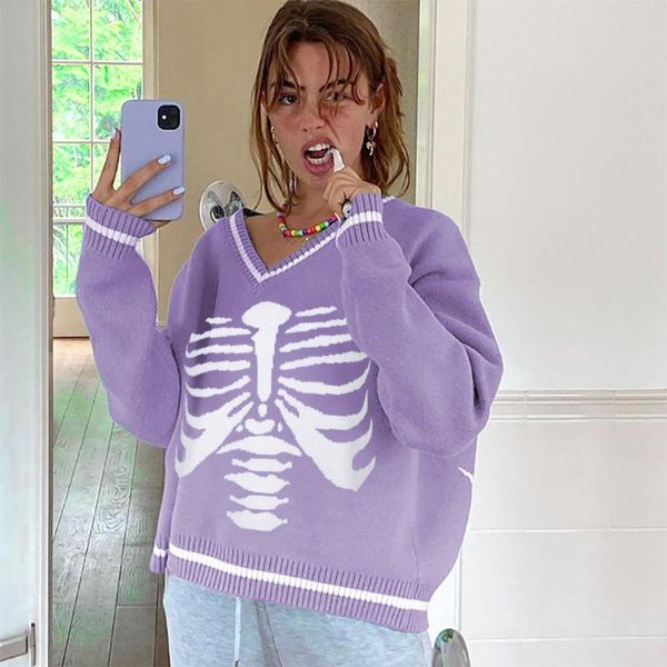 women's sweaters v neck classic long sleeve skeleton print loose fit knitted, White;black
women's sweaters v neck classic long sleeve skeleton print loose fit knitted, White;black