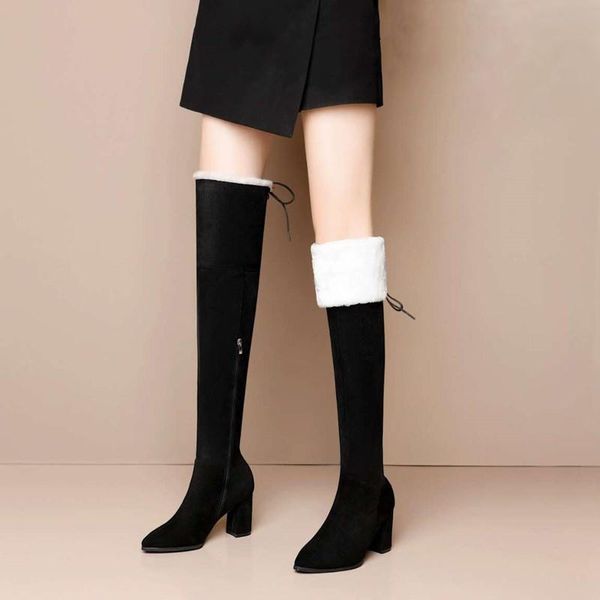 boots 2021 women winter faux fur warm plush cross straps over-the-knee pointed non-slip block heels flock side zipper footwear, Black
boots 2021 women winter faux fur warm plush cross straps over-the-knee pointed non-slip block heels flock side zipper footwear, Black