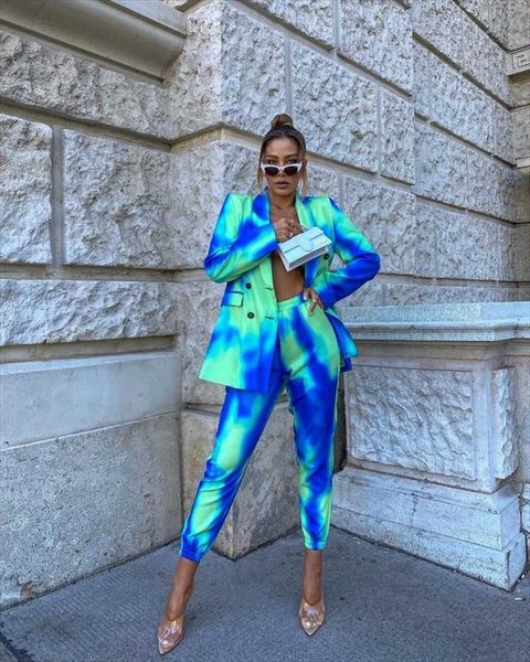 women's two piece pants high street fashion print tie dye set notched long sleeve blazer casual hit color sets female, White
women's two piece pants high street fashion print tie dye set notched long sleeve blazer casual hit color sets female, White