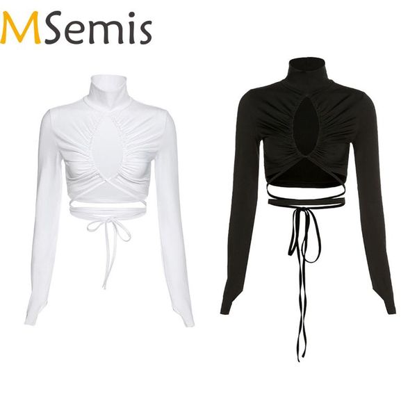 women fashion high neck long sleeve slim fit casual short t-shirt party hollow out lace-up crop skinny female bandage tees women's, White
women fashion high neck long sleeve slim fit casual short t-shirt party hollow out lace-up crop skinny female bandage tees women's, White