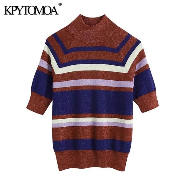 women fashion metallic thread striped knitted sweater high neck short sleeve female pullovers chic 210420, White;black
women fashion metallic thread striped knitted sweater high neck short sleeve female pullovers chic 210420, White;black