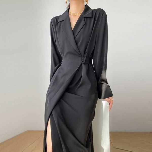 solid elegant dres autumn bandage midi split dress office lady designer casual korean style dress female 210706, Black;gray
solid elegant dres autumn bandage midi split dress office lady designer casual korean style dress female 210706, Black;gray