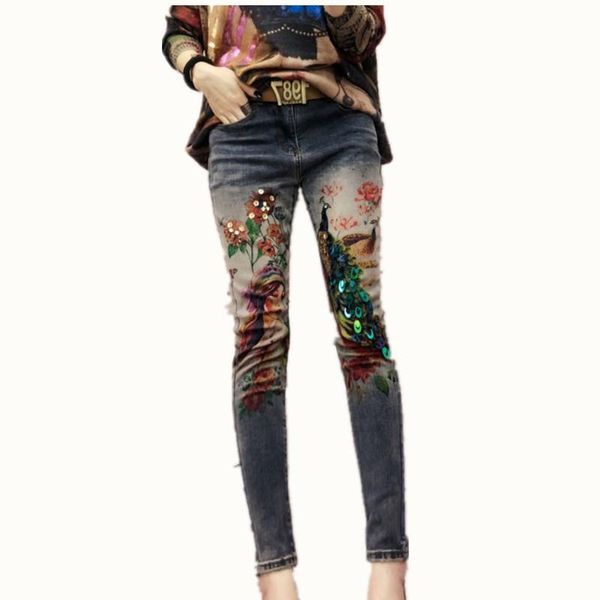 women's jeans spring autumn women peacock sequins denim pants lady painted bronzing printing trousers slim stretch pencil, Blue
women's jeans spring autumn women peacock sequins denim pants lady painted bronzing printing trousers slim stretch pencil, Blue