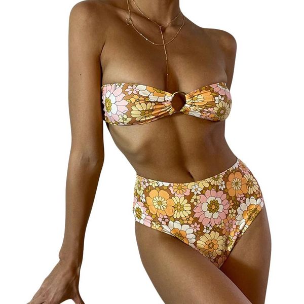 women's swimwear two piece bikini suits fashion flower bandage tube and stretch high waist thong, White;black
women's swimwear two piece bikini suits fashion flower bandage tube and stretch high waist thong, White;black