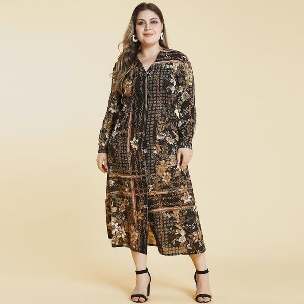 casual dresses 2021 temperament v-neck long sleeve single breasted printed splicing dress large chiffon waist tight longuette, Black;gray 
casual dresses 2021 temperament v-neck long sleeve single breasted printed splicing dress large chiffon waist tight longuette, Black;gray