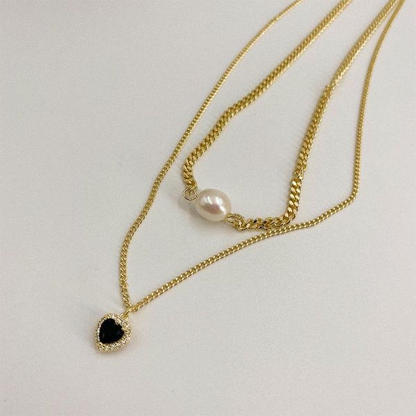 pendant necklaces minar trendy double layers black love heart for women gold chunky curb chain pearls choker necklace jewelry, Silver 
pendant necklaces minar trendy double layers black love heart for women gold chunky curb chain pearls choker necklace jewelry, Silver
