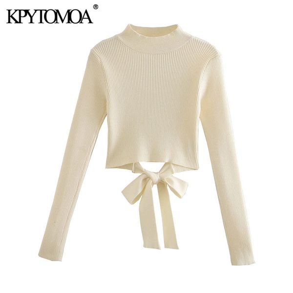 women fashion with bow tied cropped knitted sweater vintage long sleeve backless female pullovers chic 210416, White;black
women fashion with bow tied cropped knitted sweater vintage long sleeve backless female pullovers chic 210416, White;black