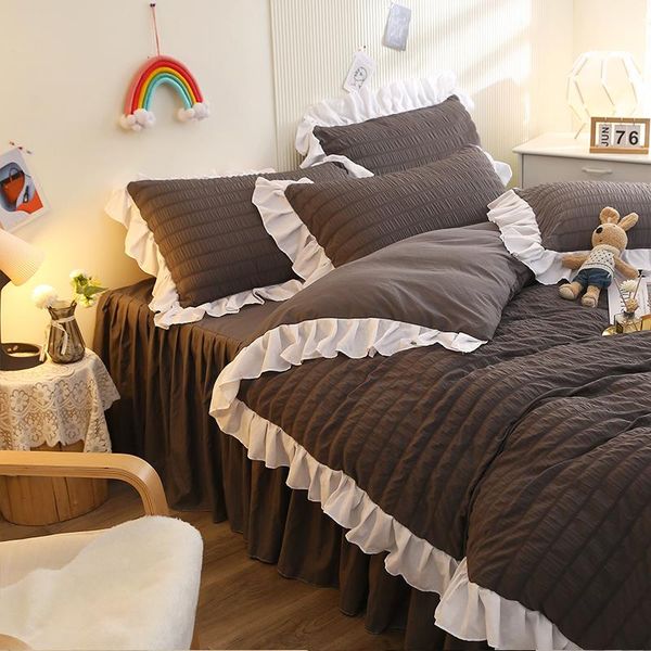 seersucker korean style princess bed skirt set washed cotton black and white bedding comforter pillowcase sets
seersucker korean style princess bed skirt set washed cotton black and white bedding comforter pillowcase sets