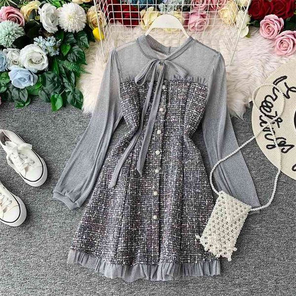 autumn fashion long sleeve mini dress women tweed patchwork mesh ruffles elegant vintage korean slim plaid woolen vestidos 210514, Black;gray
autumn fashion long sleeve mini dress women tweed patchwork mesh ruffles elegant vintage korean slim plaid woolen vestidos 210514, Black;gray