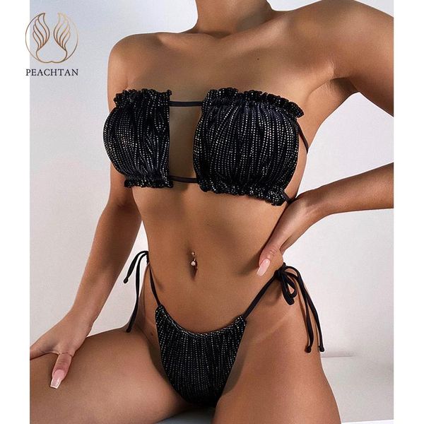women's swimwear peachtan bandeau bikini 2021 velvet female string folds 2 piece set print swimsuit women bathing suit swim, White;black
women's swimwear peachtan bandeau bikini 2021 velvet female string folds 2 piece set print swimsuit women bathing suit swim, White;black