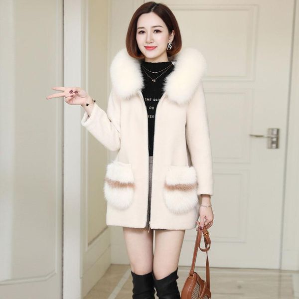 women's fur & faux white real coat 2021 winter women female natural collar hooded sheep shearling contrast color mid-long overcoats, Black
women's fur & faux white real coat 2021 winter women female natural collar hooded sheep shearling contrast color mid-long overcoats, Black
