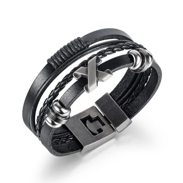 tennis classic men's hand woven multi-layer leather bracelet, Golden;silver