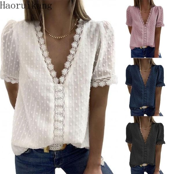 women's blouses & shirts summer lace patchwork short sleeve t-shirt chiffon v-neck solid color female blouse, White
women's blouses & shirts summer lace patchwork short sleeve t-shirt chiffon v-neck solid color female blouse, White