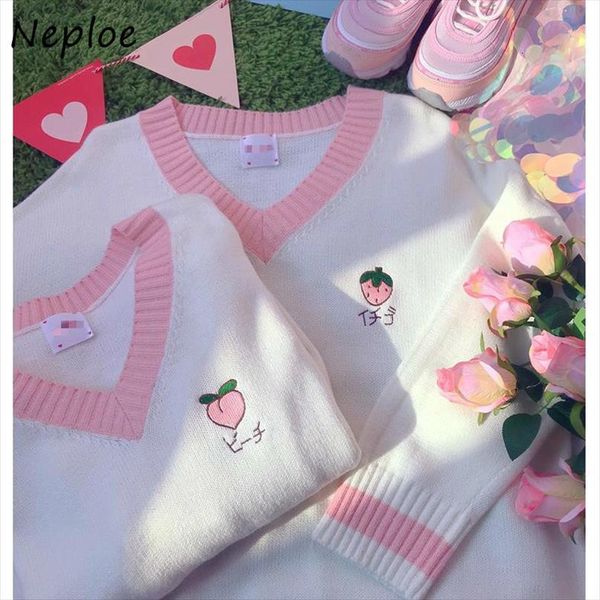 v neck sweet preppy style womens sweaters women fresh peach strawberry embroidery pullovers panelled patchwork knit, White;black
v neck sweet preppy style womens sweaters women fresh peach strawberry embroidery pullovers panelled patchwork knit, White;black
