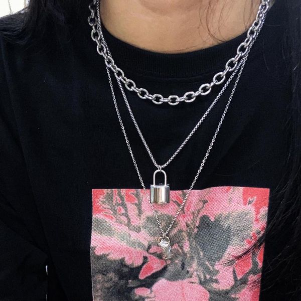 pendant necklaces to beans stainless steel lock key necklace adjustable initial long chain punk multilayer choker, Silver
pendant necklaces to beans stainless steel lock key necklace adjustable initial long chain punk multilayer choker, Silver