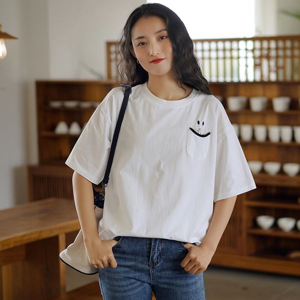 johnature women casual loose summer t-shirts o-neck short sleeve korean style patchwork pockets female solid color tshirts 210521, White
johnature women casual loose summer t-shirts o-neck short sleeve korean style patchwork pockets female solid color tshirts 210521, White