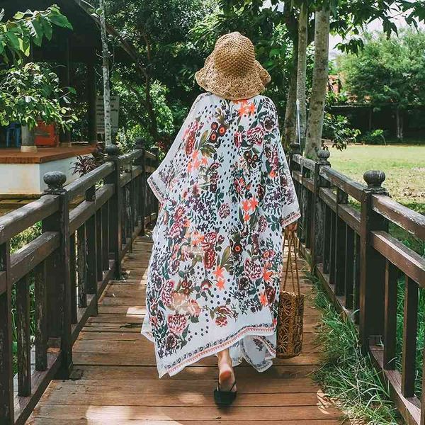 

bikini cover-ups boho printed long kimono cardigan cotton tunic women plus size beach wear swim suit cover up sarongs a207 210420, White;black