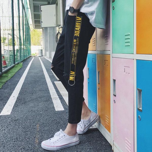 men's jeans ripped webbing ankle length pants autumn style black korean small feet beggars pencil, Blue
men's jeans ripped webbing ankle length pants autumn style black korean small feet beggars pencil, Blue