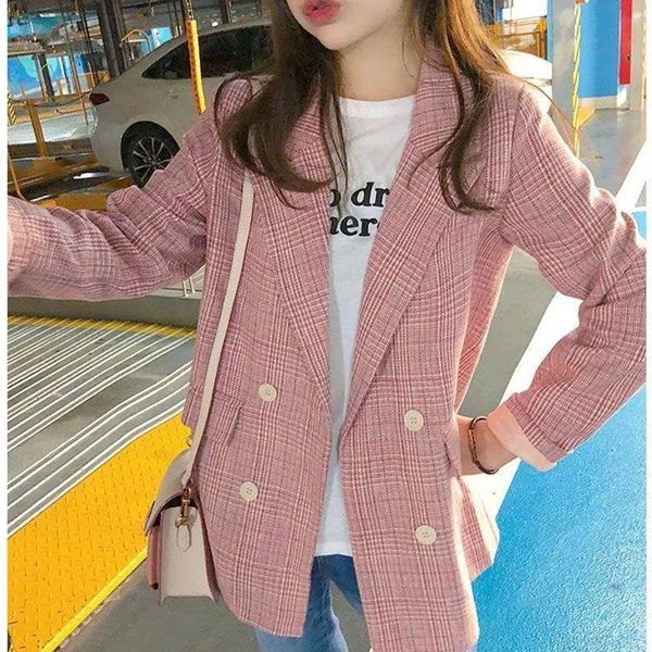 women's suits & blazers 2021 autumn plaid blazer women korean style loose vintage pink suit coat female double breasted streetwear oute, White;black
women's suits & blazers 2021 autumn plaid blazer women korean style loose vintage pink suit coat female double breasted streetwear oute, White;black