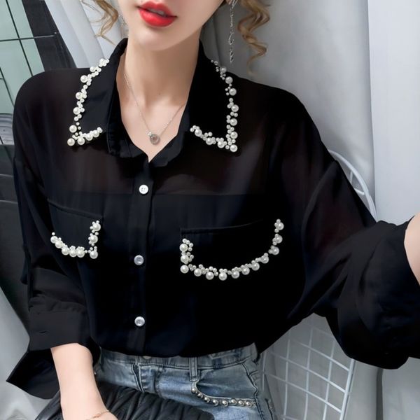 women's blouses & shirts women chiffon blouse beading single breasted lapel long lantern sleeve ladies elegant blusas feminin, White
women's blouses & shirts women chiffon blouse beading single breasted lapel long lantern sleeve ladies elegant blusas feminin, White