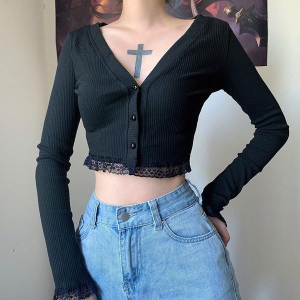 women's knits & tees gothic v neck lace black cardigan long sleeve women knitted sweater vintage crop korean style, White
women's knits & tees gothic v neck lace black cardigan long sleeve women knitted sweater vintage crop korean style, White