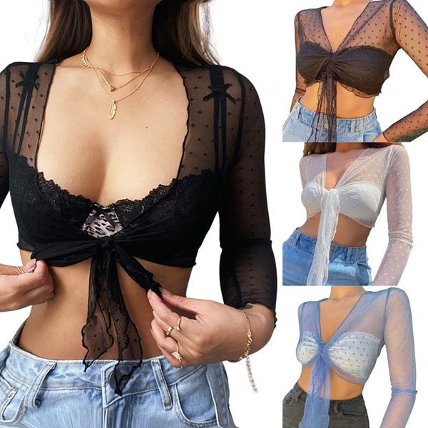 women's swimwear 2021 summer fashion sheer mesh cardigan,long sleeve tie knot front polka dots print crop, White;black
women's swimwear 2021 summer fashion sheer mesh cardigan,long sleeve tie knot front polka dots print crop, White;black