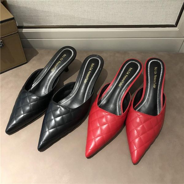 slippers 2021 summer women designers outside pointed toe thin heels sandals ladies leather slides woman mules shoes red, Black