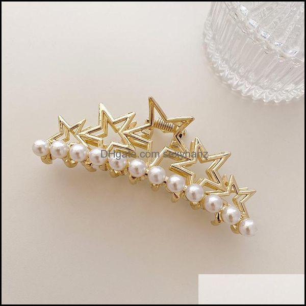 clamps hair jewelry yamog alloy hollow five-pointed star women pearl crystal scrunchies claw clips european girls ponytail shower hairpins a, Slivery;golden