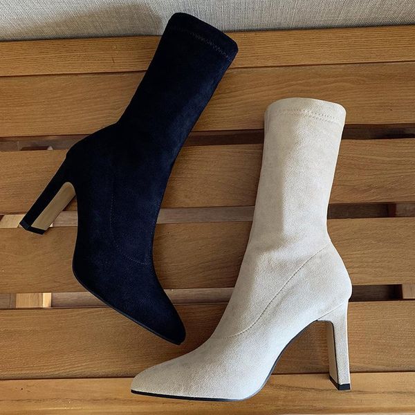 boots thick heel women's square middle tube high socks women, Black