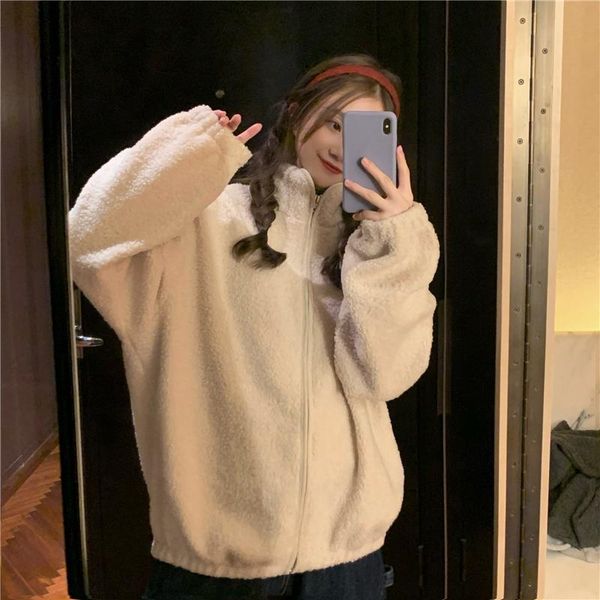 women's wool & blends autumn and winter 2021 korean students loose versatile stand-up collar plush jacket trendy retro zipper, Black
women's wool & blends autumn and winter 2021 korean students loose versatile stand-up collar plush jacket trendy retro zipper, Black