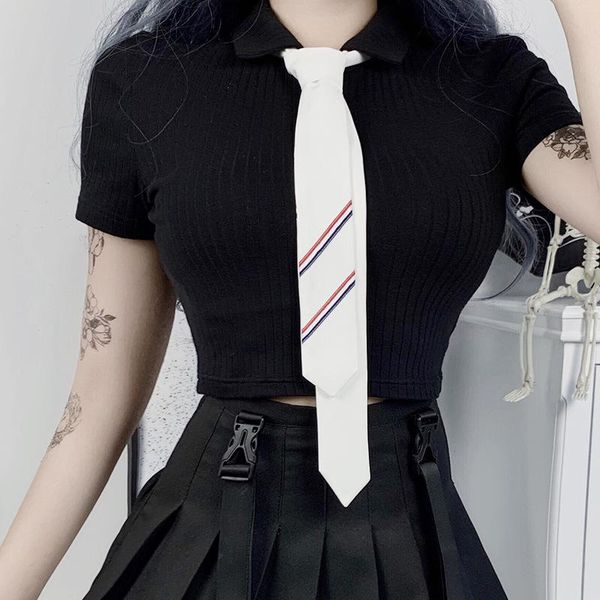 women's t-shirt fashion women school girl style rib knit shirt lapel button front short sleeve crop neck tie steetwear, White
women's t-shirt fashion women school girl style rib knit shirt lapel button front short sleeve crop neck tie steetwear, White