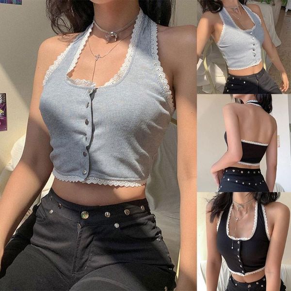 women's tanks & camis women summer sleeveless halter crop u-neck button down ribbed knit camisole vest lace tim backless tank, White
women's tanks & camis women summer sleeveless halter crop u-neck button down ribbed knit camisole vest lace tim backless tank, White