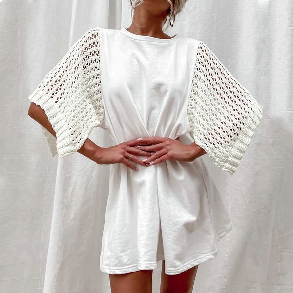 new summer t-shirt dress women hollow out knitted sleeve patchwork o-neck half sleeve solid straight dress casual loose long 210412, Black;gray 
new summer t-shirt dress women hollow out knitted sleeve patchwork o-neck half sleeve solid straight dress casual loose long 210412, Black;gray