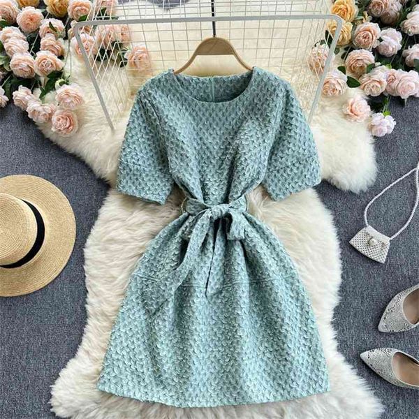 korean dress women jacquard short sleeve mini solid color round neck sash lace-up vintage style casual summer robe 210603, Black;gray
korean dress women jacquard short sleeve mini solid color round neck sash lace-up vintage style casual summer robe 210603, Black;gray