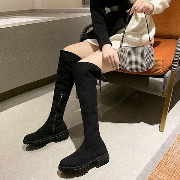 boots women autumn winter knee high 2021 female flock platform block heels shoes ladies solid cross-tied keep warm long boot, Black 
boots women autumn winter knee high 2021 female flock platform block heels shoes ladies solid cross-tied keep warm long boot, Black