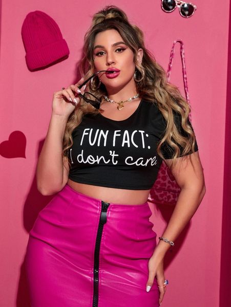 plus slogan graphic crop tee 77lt#, Black