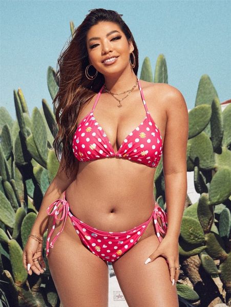 plus polka dot triangle tie side bikini swimsuit j9pq#, Black