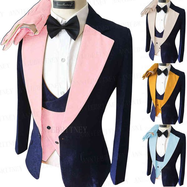 men's suits & blazers 2021 jacquard navy blue men suit with pink collar tailored slim fit groom man wedding tuxedo blazer vest pan, White;black
men's suits & blazers 2021 jacquard navy blue men suit with pink collar tailored slim fit groom man wedding tuxedo blazer vest pan, White;black